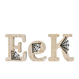 Wooden cutout Eek with black spiderweb accents on natural wood finish