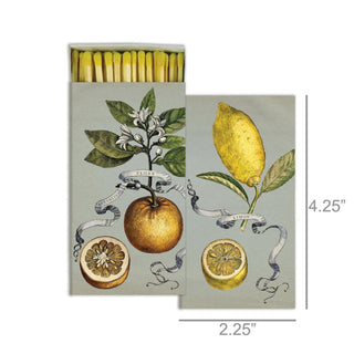 Matches in citrus lemon and orange design with yellow-tipped heads in a box