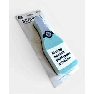 Scrubbly kitchen sponge bottle-shaped in blue gradient with label Birthday forecast, 100% chance of bubbles.