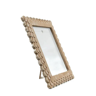 Wood scallop photo frame for 8x10 pictures, natural finish with a standing easel.