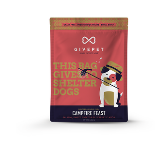 Campfire Feast Dog Treats pouch in red with navy bottom and dog graphic; salmon, sweet potato & blueberry flavor