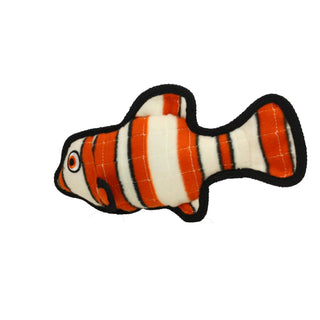 Ocean Fish dog toy in orange and white striped fabric with black edging