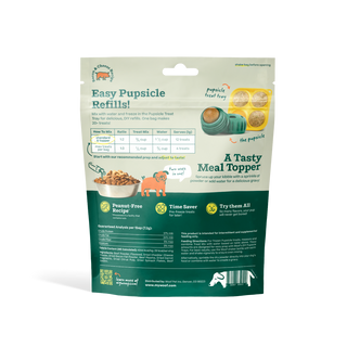 Pupsicle Treat Mix bag for dogs in teal and cream packaging, bacon and cheese flavor, a meal topper.