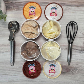Puppy Scoops dog ice cream mix set with six flavor cups, sealed packets, whisk, and measuring scoop.