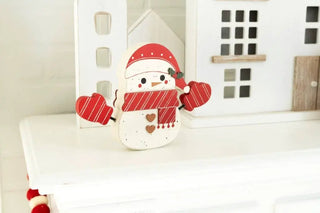 Wooden snowman ornament, 8x6 chunky, white with red scarf and mittens