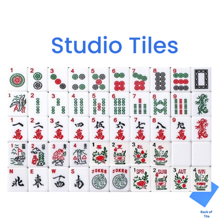 American Mahjong tile set, 166 white tiles with red/green artwork and blue accents