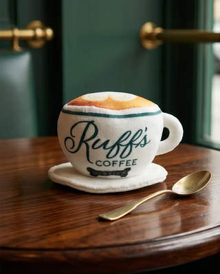 Ruff's Coffee Cup plush squeaker dog toy, white cup with orange-brown coffee art and soft saucer base