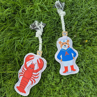 Rope dog toys, 2-piece set: red lobster and sailor-dog in blue outfit with knotted rope tails