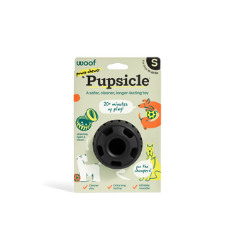 Power Chewer Pupsicle dog toy packaging showing a black circular chew ring and playful dog illustrations.