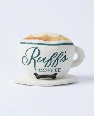 Ruff's Coffee Cup plush squeaker dog toy, white fabric with green lettering and latte art.