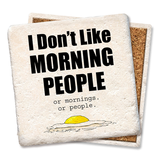 Drink coasters I Don't Like Morning People, cream cork-backed set of 2 with bold black text