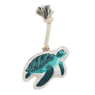 Rope dog toy turtle with teal turtle illustration and natural beige rope