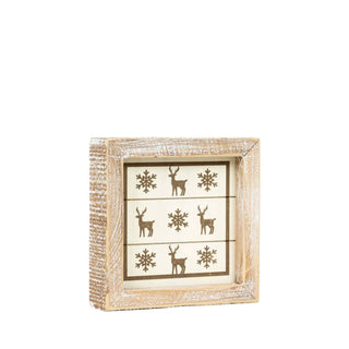 Wood frame sign 5x5 inches, distressed whitewashed finish with four panels showing deer and snowflakes.