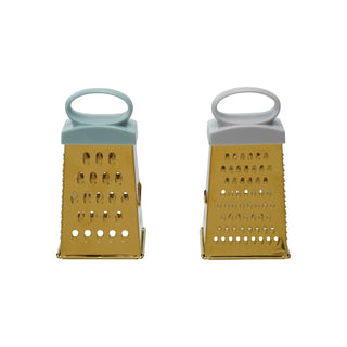 Set of two stainless steel 4-sided graters with gold-tone bases and pastel blue and gray handles.