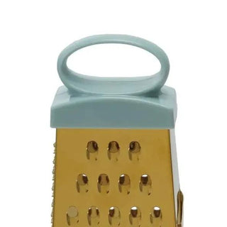 Stainless steel 4-sided grater with gold finish and teal handle