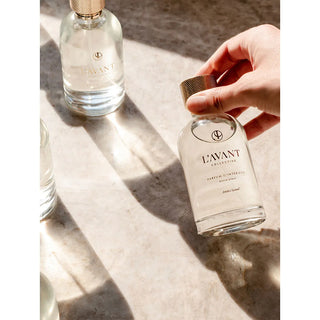 Ambre Santal room spray 100 ml set of 3 in clear glass bottles with gold caps