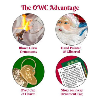 Trumpet Ornament: set of four features - blown glass ornament, hand-painted glitter, cap & charm, and story-tag.