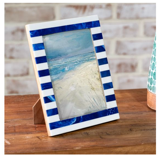 Blue stripe resin photo frame with white-and-blue striped border and tabletop stand.