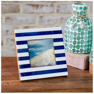 Blue stripe resin photo frame, square with blue and white stripes.