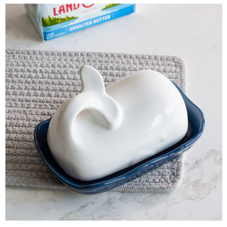 Blue and white whale butter dish with a whale-shaped lid on a navy base