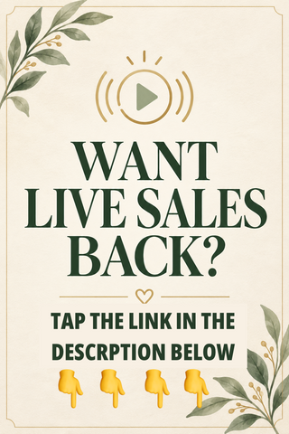 Promotional graphic for Bring Back LIVE Shopping with bold green serif text on beige background and floral borders