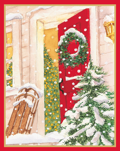 Open Door With Snow And Sled - Christmas Card Box A Size 16 In  Caspari   