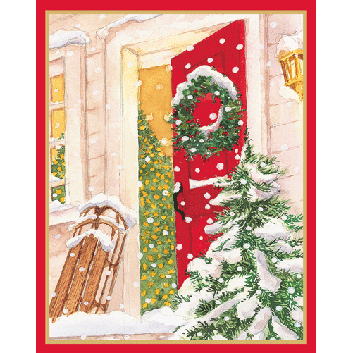 Open Door With Snow And Sled - Christmas Card Box A Size 16 In  Caspari   