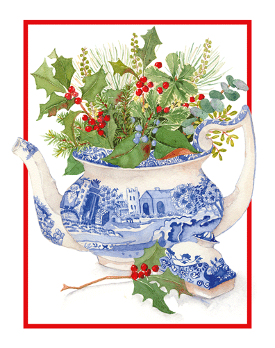 Blue And White Teapot With Holly - Christmas Card Box A Size 16 In  Caspari   