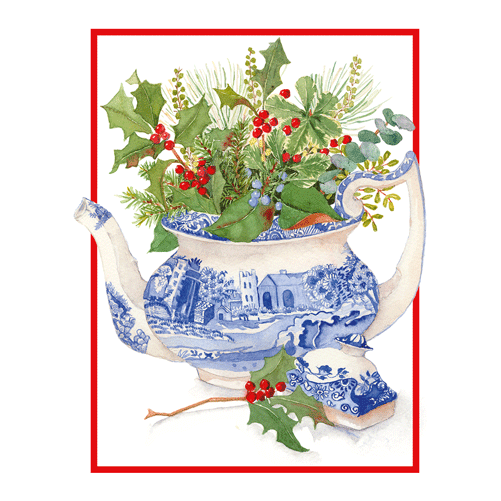 Blue And White Teapot With Holly - Christmas Card Box A Size 16 In  Caspari   