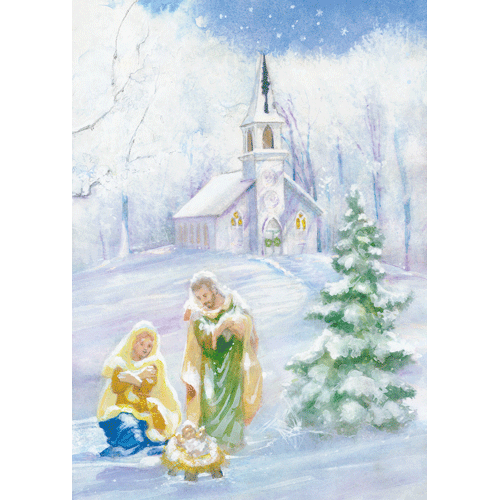 Nativity And Snowy Church - Christmas Card Box B Size 16 In  Caspari   