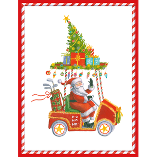Boxed holiday greeting cards featuring Santa driving a red golf cart with a Christmas tree and gifts.