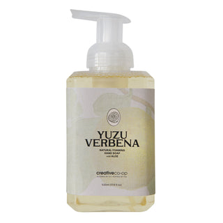 Yuzu Verbena natural foaming hand soap with aloe in a clear pump bottle; pale yellow liquid and soft pastel label.
