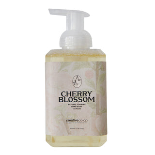 Cherry Blossom scented natural foaming hand soap with Aloe for bathroom decor, in a clear bottle with a white pump