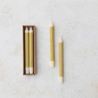 Unscented striped taper candles in a brown box, chartreuse and ivory, set of 2
