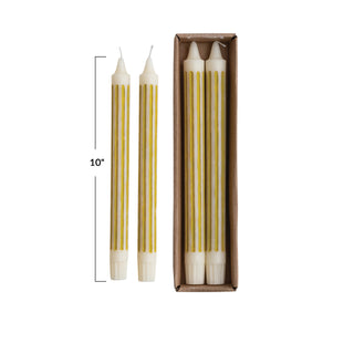 Taper candles, striped chartreuse, unscented, in box, set of 2, 10-inch
