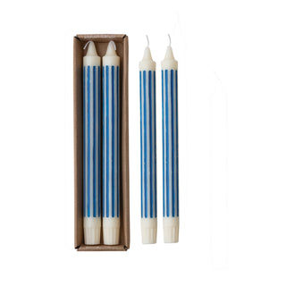 Taper candles, blue striped unscented; boxed set of 4