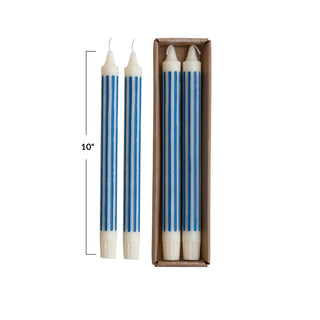 Blue striped unscented taper candles, 10-inch, set of 4 in a box