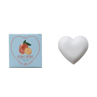 Two-item Citrus Grove scented olive oil and shea butter soap set; light-blue box with citrus artwork and a white heart-shaped bar