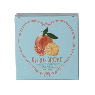 Citrus Grove Soap Bar, blue packaging with orange and lemon fruit illustration, olive oil & shea butter, Creative Co-Op