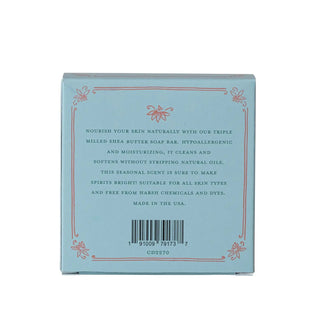 Citrus Grove scented olive oil and shea butter triple milled soap bar on pale blue box with pink border