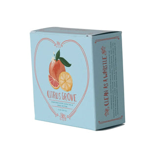 Citrus Grove bar soap in blue packaging with lemon and orange fruit illustration.