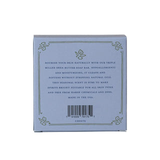 Lemon Verbena scented olive oil & shea butter triple milled bar soap in light blue packaging, Made in USA