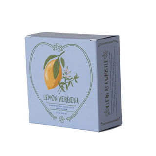 Bar soap in a light-blue box with a lemon illustration and leaves; Lemon Verbena enriched with olive oil and shea butter