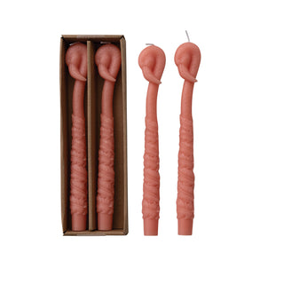Flamingo-shaped peach unscented taper candles, set of 2 in a box