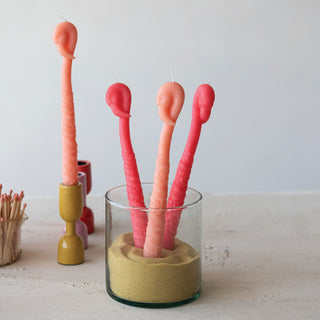 Flamingo-shaped taper candles, peach color, unscented, set of 2 in glass holder with sand.