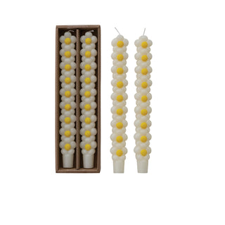 Daisy-shaped stacked taper candles, unscented, 10-inch, cream with yellow centers, in box, set of 2