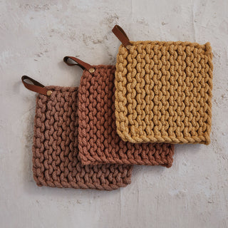 Cotton Crocheted Pot Holder w/ Leather Loop Kitchen Textiles Creative Co-Op