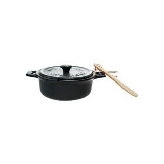 Stoneware brie baker with lid and bamboo spreader, two-piece set in dark charcoal