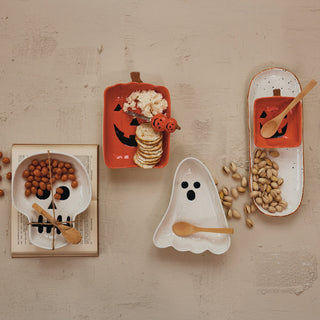 Stoneware Ghost Shaped Dish with Spoon Serveware Creative Co-Op