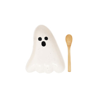 Stoneware Ghost Shaped Dish with Spoon Serveware Creative Co-Op